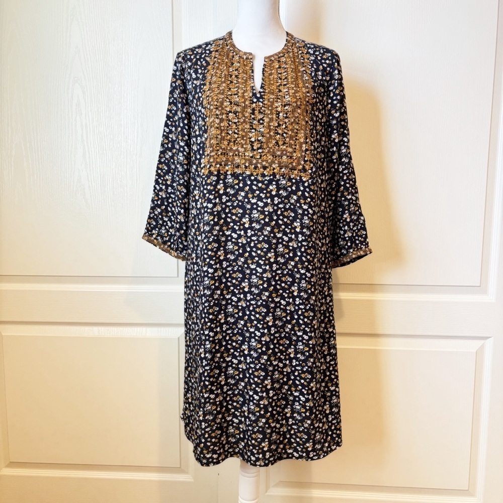 J. Jill Mustard Yellow Embroidered Floral Print Tunic Dress Women’s Medium